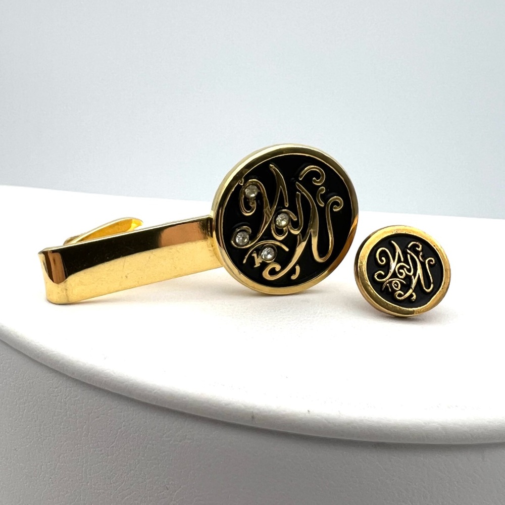 Weight Watchers - Gold Tone WW Rhinestones Tie Clip & Tie Tack